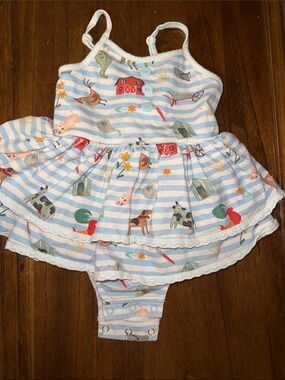 Charming Mary’s Todd Girls Farm Animal Stripe Dress Romper in Light Blue & White